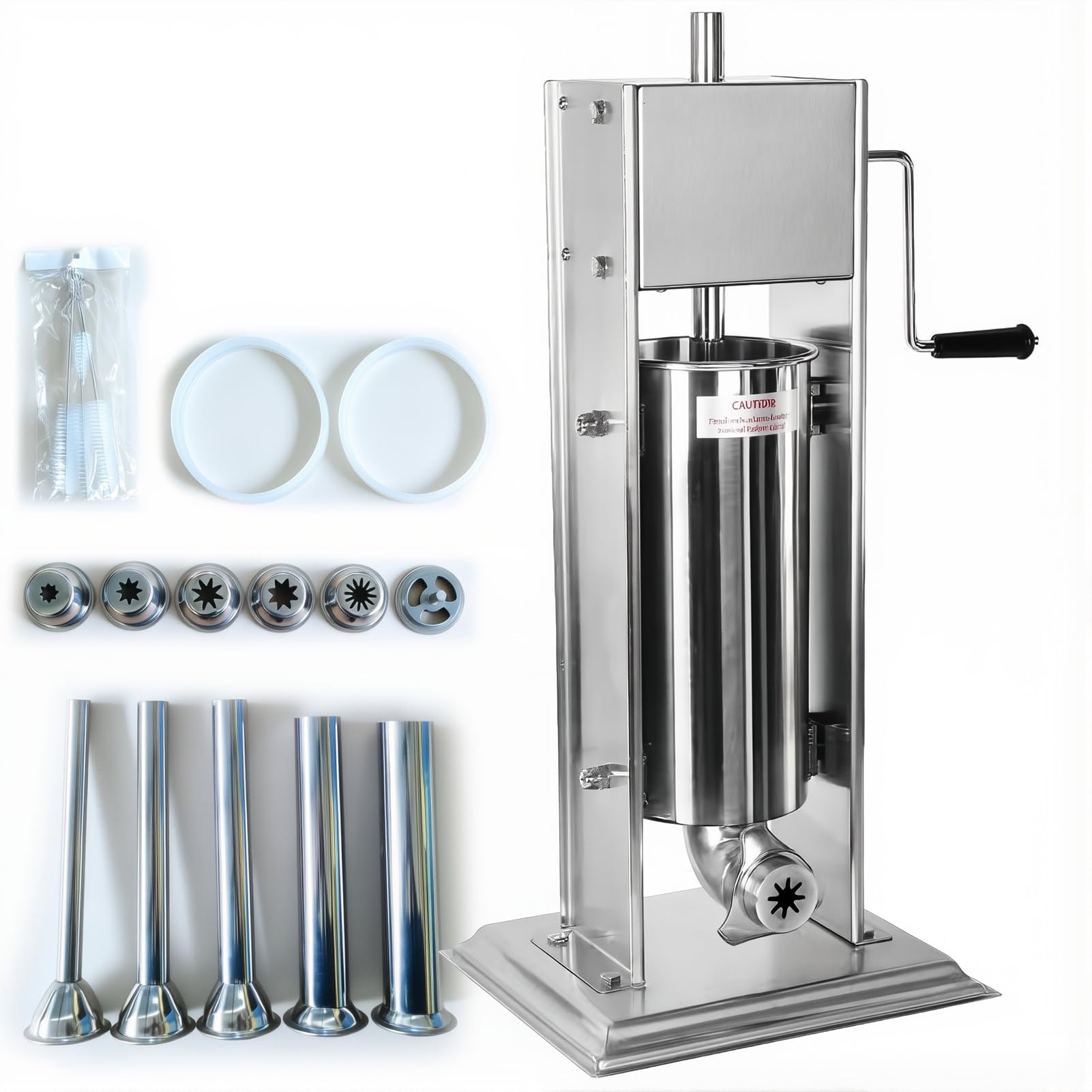 Spanischer Churro-Macher, manuelle Wurstfüllmaschine, vertikaler Edelstahl, inklusive 6 Formen und 5 Klistierformen, ideal für Cafeterien, Bäckereien und den Heimgebrauch