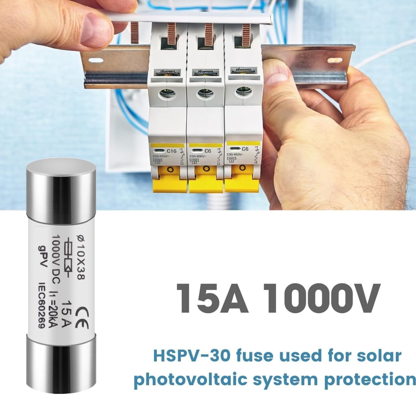 DEWIN Fusibles fotovoltaicos, 10 Piezas Fusibles solares de 15 A Fusible Fotovoltaico 10X38 mm Núcleo de Fusible PV for protección del Sistema Solar Fotovoltaico DC 1000 V