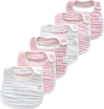 Baby Muslin Bibs and Burp Cloths, 6 Pack, Soft Absorbent Cotton, Adjustable