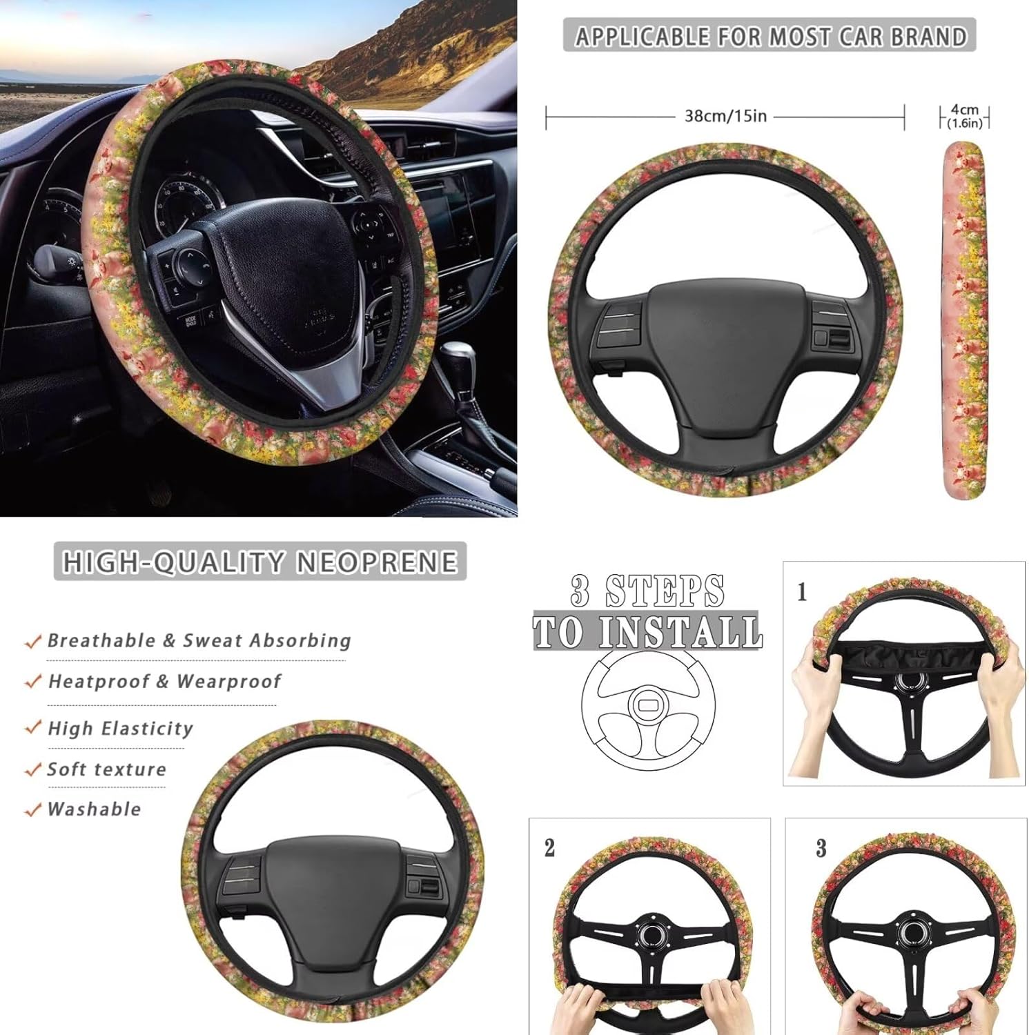 Pig Daisy Print 12 Pcs Car Seat Covers Full Sets Waterproof Steering Wheel Cover Auto Center Console Cover Seat Belt Pad Cup Holders Handbrake Gear Shift Cover