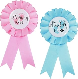 Daddy And Mommy To Be Tinplate Badge Pin 2 Pcs,Gender Keeper Pin Gender Reveal Decorations Shirts for Mom And Dad Gender Reveal Party Favors Rosette Buttons With Ribbon Decorations (Pink + Blue)