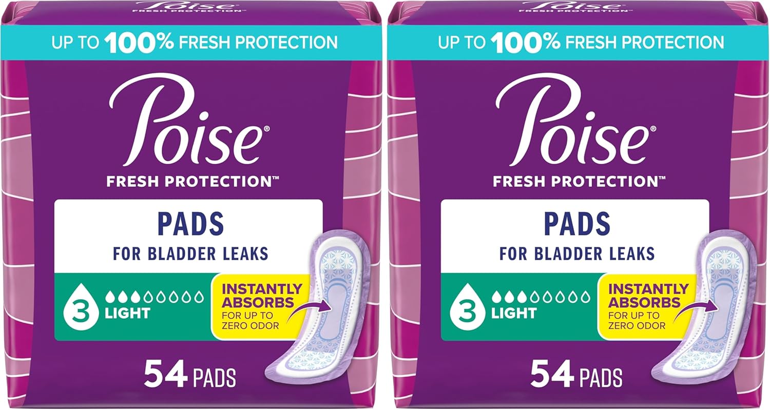 Poise Incontinence & Postpartum Pads for Bladder Leaks, 3 Drop Light Absorbency, Regular Length, Packaging May Vary, 54 Count (Pack of 2)