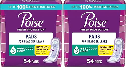 Poise Almohadillas para Incontinencia y Almohadillas para Incontinencia Posparto, Absorción Ligera 3 Gotas, Longitud Regular, 54 Unidades, El