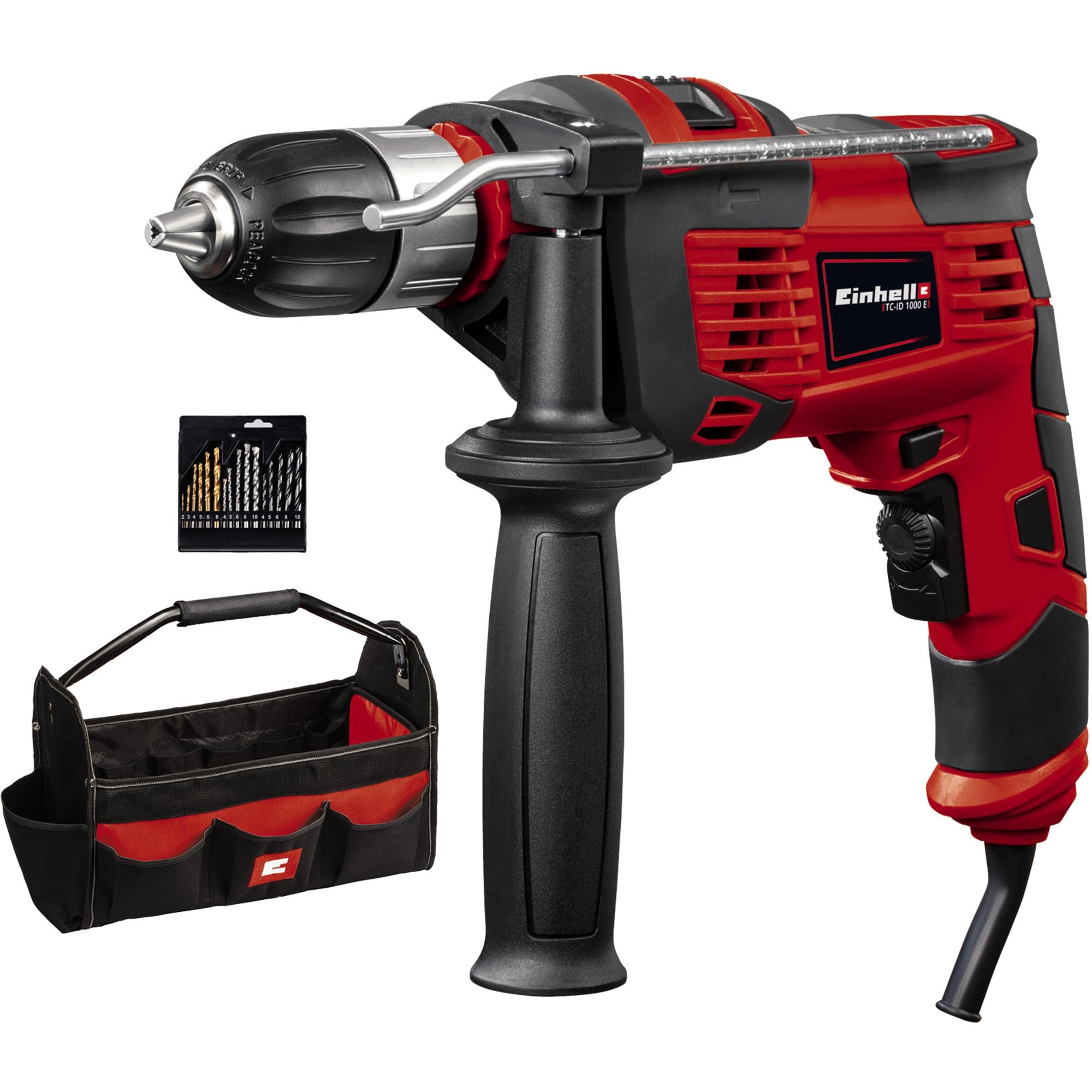 Einhell Darbeli Matkap TC-ID 1000 E Kit (1.010 W, Ahşapta Delme 32 mm, Metal 13 mm, Beton 16 mm, 13 mm Hızlı Mandren, 16 Parçalı Matkap Ucu Seti ve Çanta Dahil) - 4259844