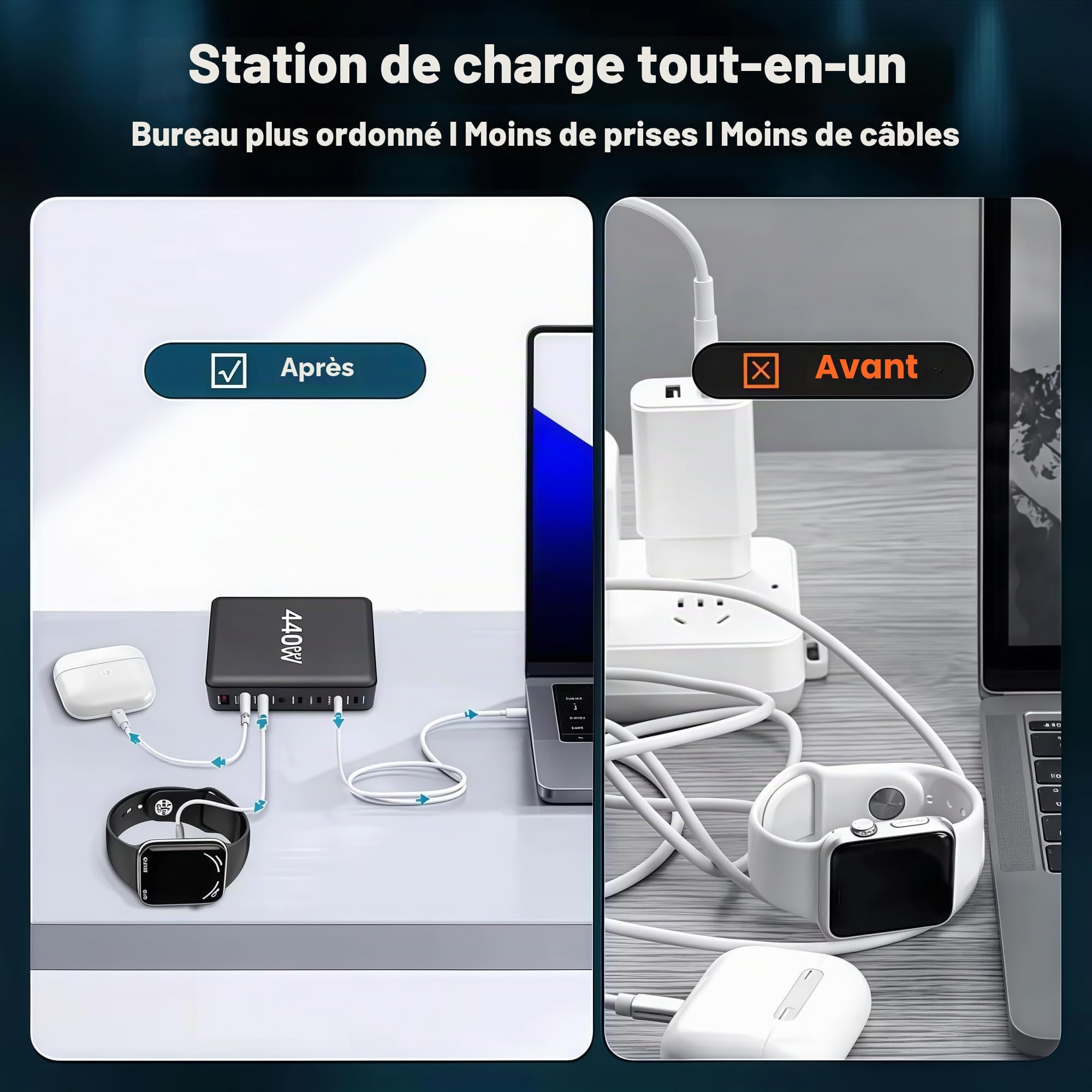 Chargeur USB C Station de Charge 440 W 8 Ports Multiprise USB Secteur