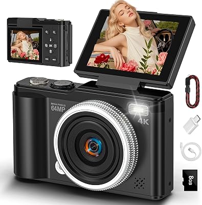 4K 64MP Digital Camera with SD Card, 180° Flip Screen Autofocus Camera with Macro Function and 16x Digital Zoom, Compact Camera with USB Cable for Teenagers Boys and Girls