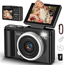 4K 64MP Digital Camera with SD Card, 180° Flip Screen Autofocus Camera with Macro Function and 16x Digital Zoom, Compact Camera with USB Cable for Teenagers Boys and Girls