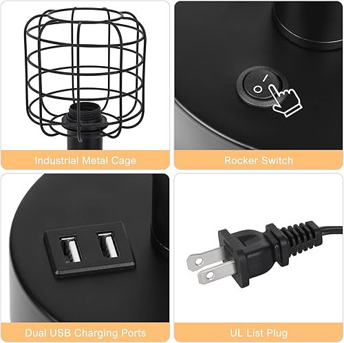 Miniatura 3 de CADUKE Lámpara de mesa industrial Edison con doble puerto USB y tomacorriente, lámpara de mesita de noche de granja, lámpara de mesa de jaula de