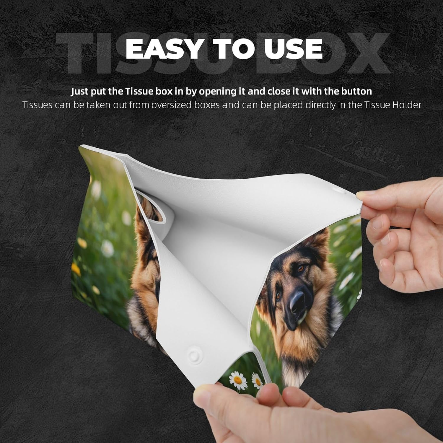 Modern Pu Leather Tissue Box Cover, Cute Pet German Shepherd Dog Rectangular Tissue Holder Wipes Dispenser Paper Cover Case Napkin Holder for Car Bathroom Bedroom Office Tabletop Decor image 4