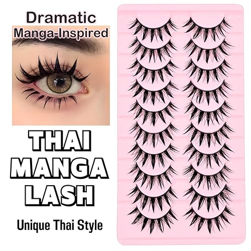 Miniatura 5 de 10 pares de pestañas de manga de aspecto natural de 0.631 pulgadas, estilo espigado, estilo japonés, anime cosplay, ojo de gato, extensión de