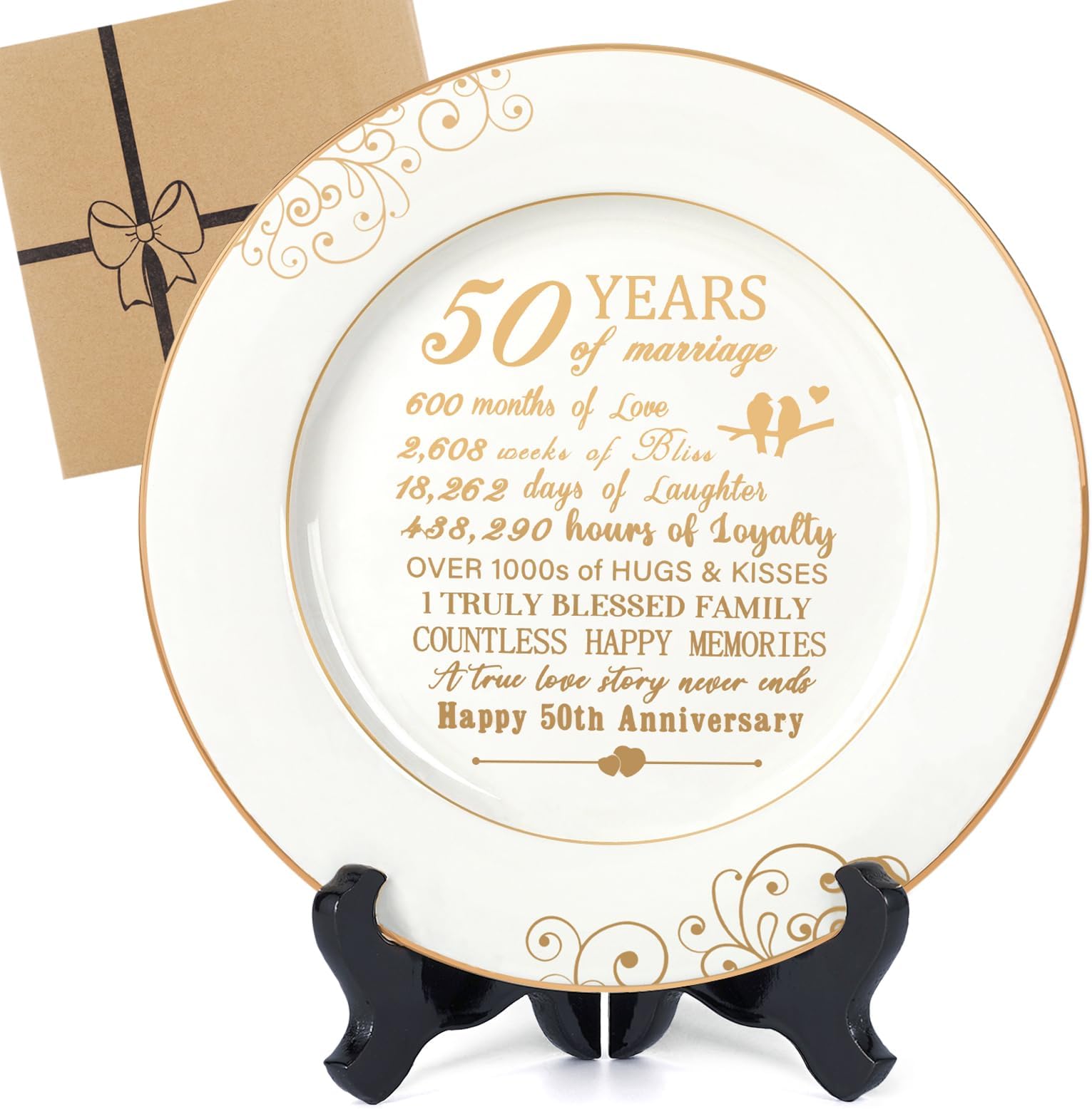 50th Anniversary Plate with 24k Gold Foil - 50 Year Anniversary Wedding Gifts for Couples Parents, Happy Marriage Decorations for Him Her, Ceramic 9"