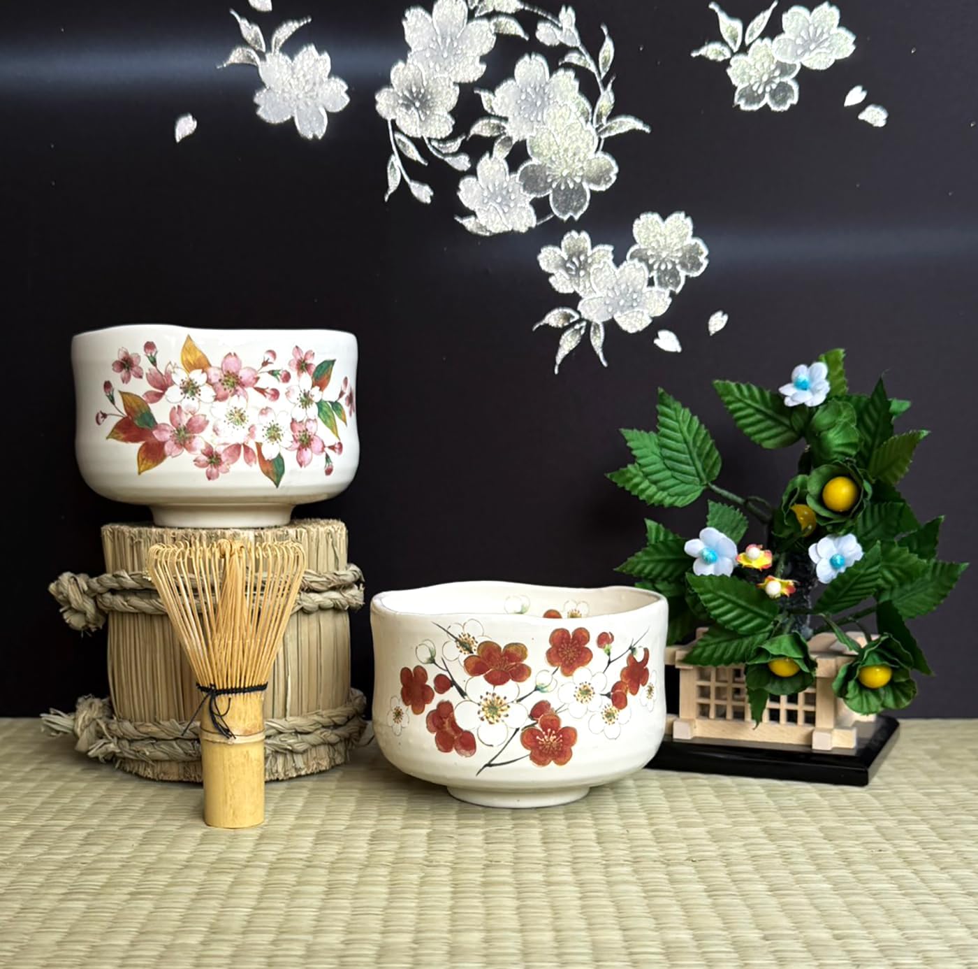 Japanese Traditional Mino Ware Handcrafted Mini Matcha Chawan Tea Bowl Cup Set With Chasen Bamboo Tea Whisk Ceremony Tableware Pottery (Kohiki Sakura)