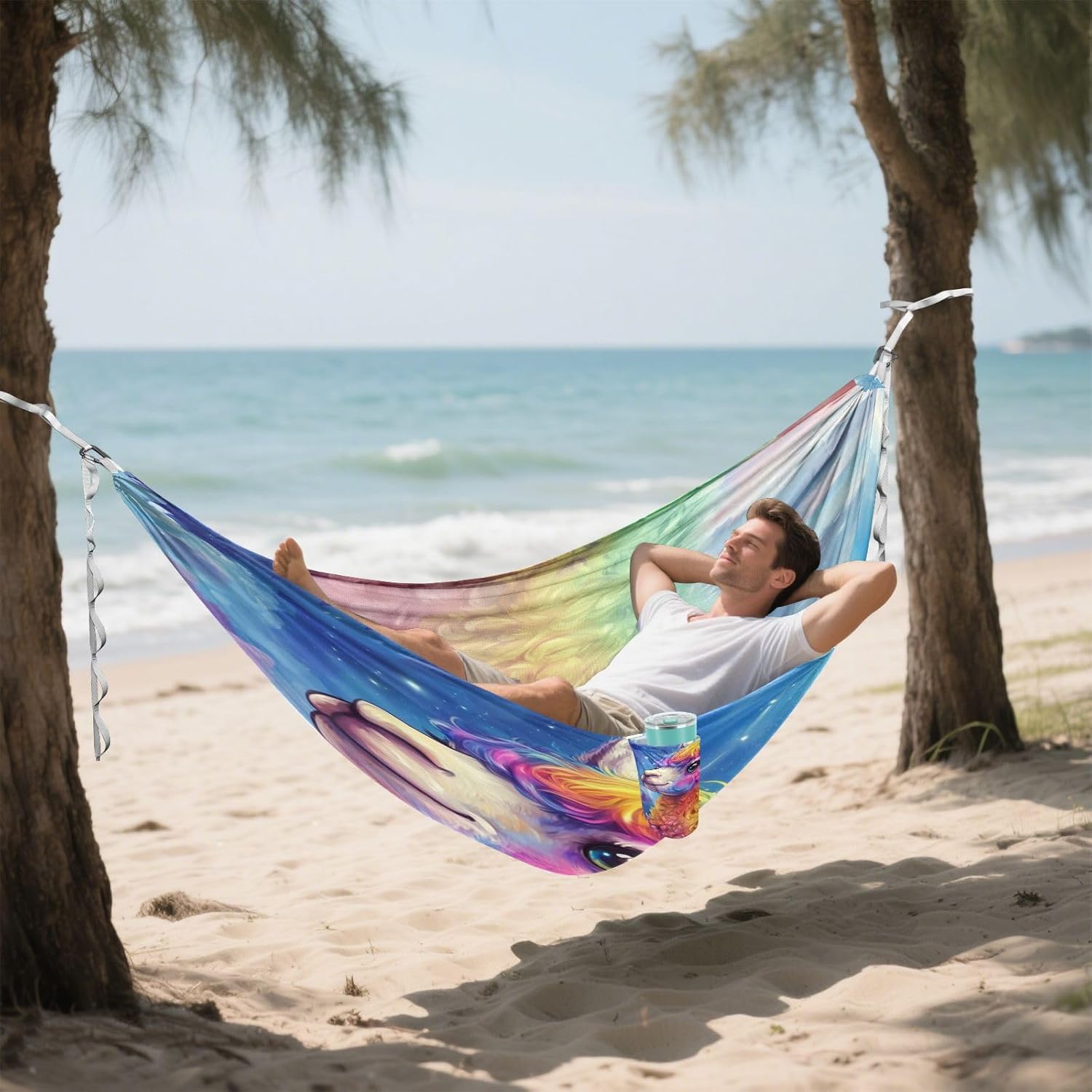 ALAZA Cute Rainbow Llama Alpaca Camping Hammocks Single or 2 Person 500 lbs Portable Parachute Travel Hammock w/Tree Straps for Hiking Backpacking Indoor Outdoor