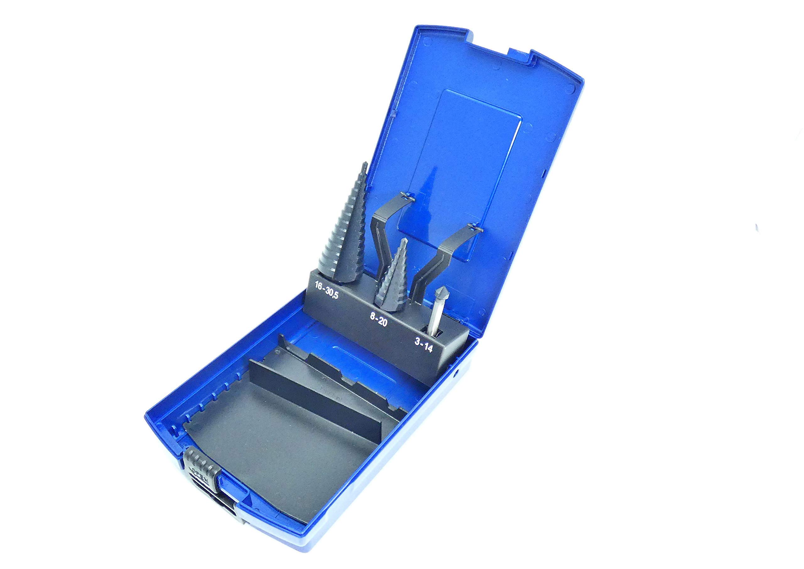 Set di 3 punte a gradini HSS-G, con rivestimento in TiAlN, 6-30 mm + 6-20 mm, con svasatore conico da 8,3 mm, in scatola Rosebox