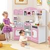 HOMASIS Children's Kitchen with Light & Sound Play Kitchen with 16 Play Accessories Kitchen Set with Coffee Machine Sink Microwave Oven Washing Machine Toy Kitchen Wood Corner Kitchen for Children from 3 Years (Pink)