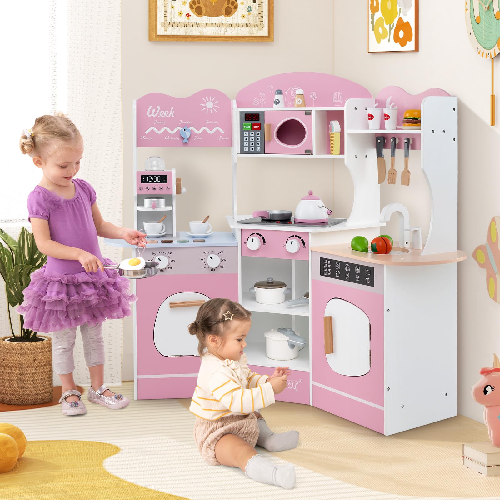 COSTWAY Cucina Giocattolo Angolare con Fornelli e Micronde da Suoni e Luci, Cucina per Bambini in Legno con Macchina Caffè, Lavandelo, Forno e Lavatrice, Set Cucina con Accessori (Rosa)