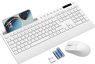 Wireless Keyboard Mouse Set, Quiet 2.4 GHz Full Size Keyboard with Wrist Rest, Phone Holder, Multimedia Keys, Wireless Set for Windows, Chrome OS, PC White