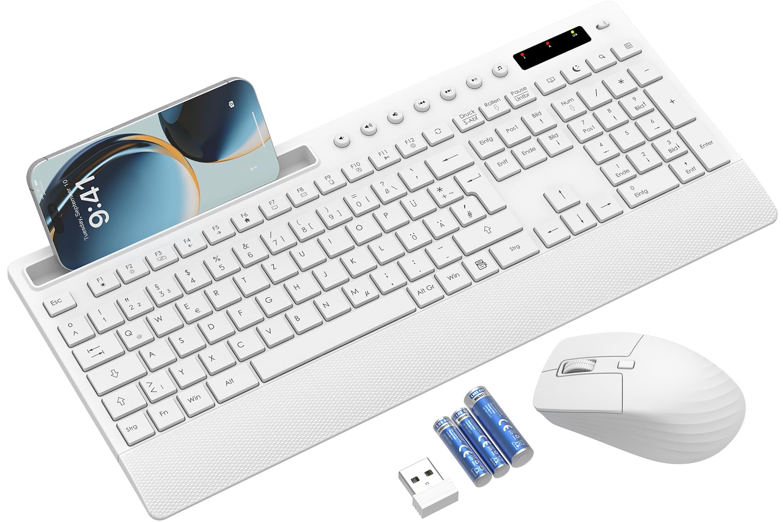 Tastatur Maus Set Kabellos, Leise 2,4 GHz Tastatur in voller Größe mit Handballenauflage, Telefonhalter, Multimediatasten, Kabelloses Set für Windows, Chrome OS, PC, Laptop (Batterien) - KM31