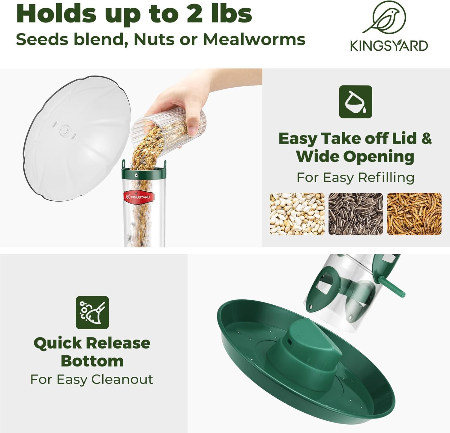 Kingsyard Metal Bird Feeders for Outdoors Hanging, Wild Bird Feeder with Large 11.5" Protective Dome and 8" Removable Tray, 3 lb Seeds Capacity (Green)