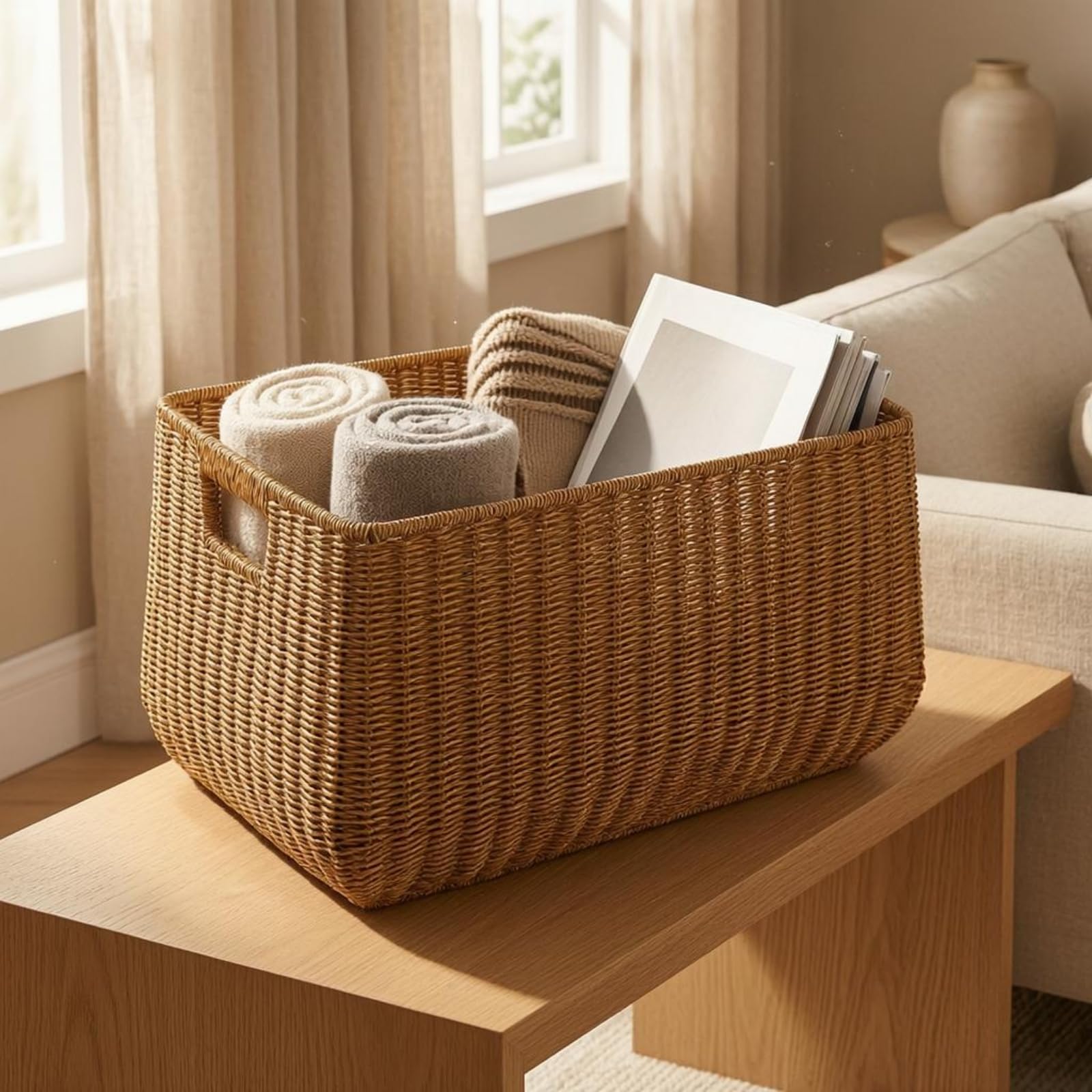 Contenedor Gran Almacenamiento Cesta Organizador Bandeja Tejido Compacto y Bordes Curvos Ligero y Fácil de con, Marrón Oscuro, Cesta De Almacenamiento De Ratán Con Asas De Madera, 43x28x27cm