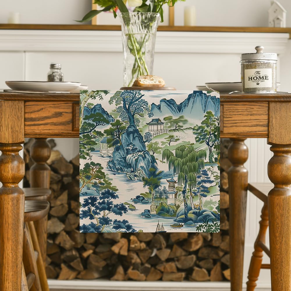 Artoid Mode Chinoiserie Vintage Style Mountain Fall Table Runner, Seasonal House Trees Kitchen Dining Table Decoration for Home Party Decor 13x72 Inch