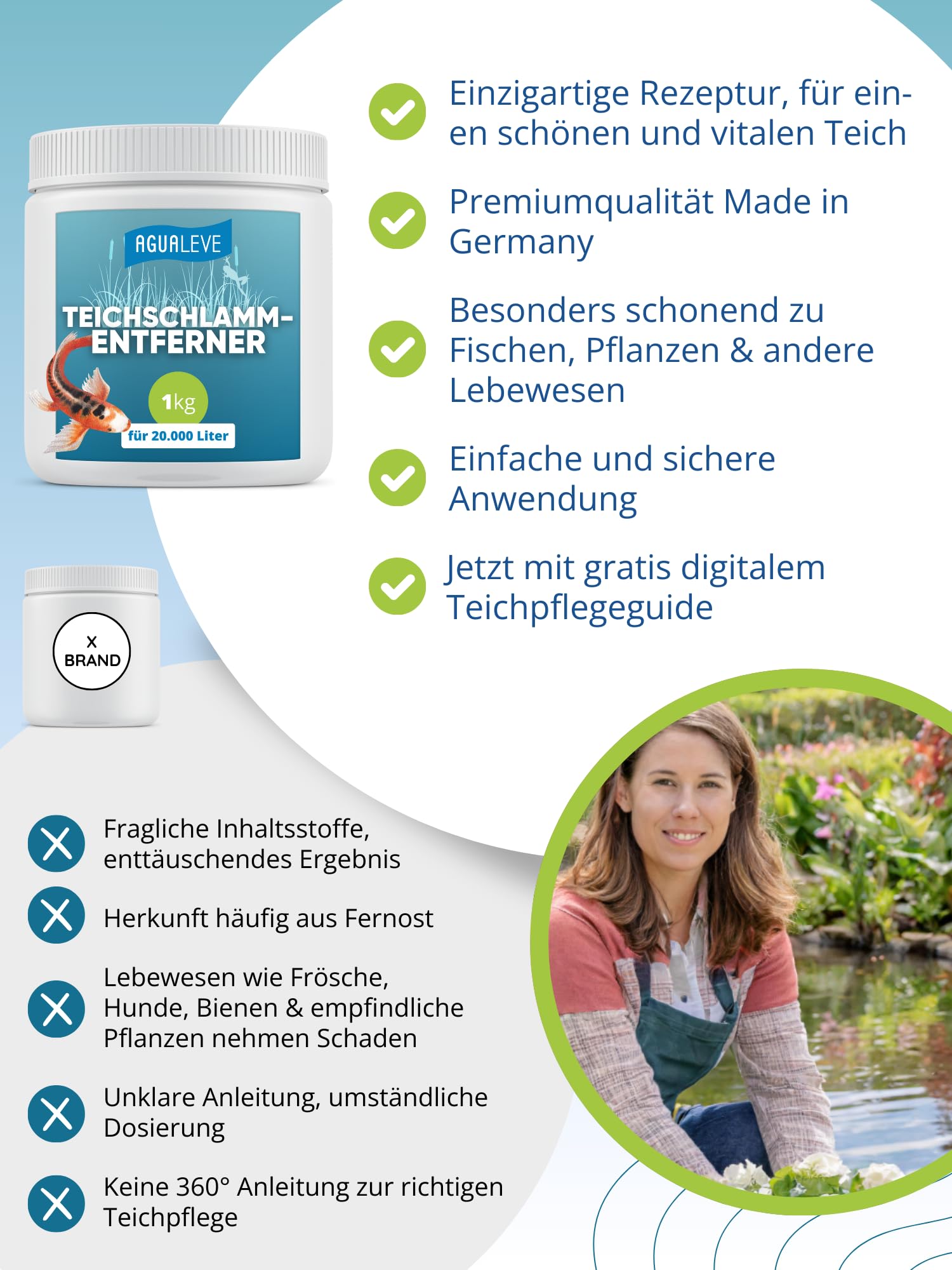 AGUALEVE® Teichschlammentferner 1kg *NEU* | extrem effektiv gegen Teichschlamm Dank innovativer Sauerstoff-2.0-Formel | für Fisch-, Garten- & Schwimmteiche | Made in Germany | für 20.000l Teichwasser