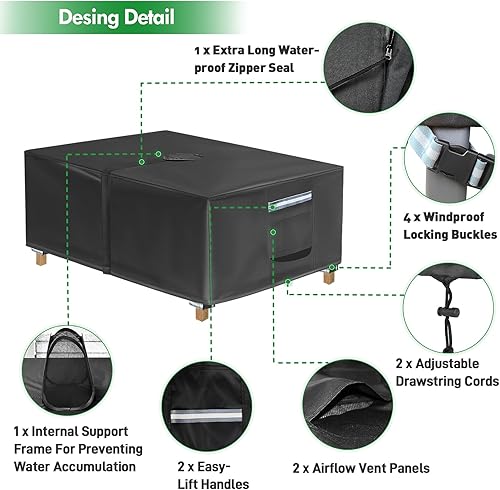 Miniatura 5 de Juego de fundas rectangulares para mesa de patio con agujero para sombrilla, resistentes al agua, color negro, 84 x 44 x 24 pulgadas