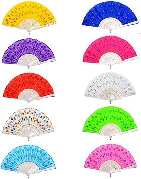 10 PCS Colorful Fabric Peacock Pattern Folding Hand Fan Spanish Folding Hand Fan Handheld Fans for Wedding Gifts Dancing Party Decoration