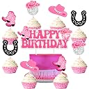 kreat4joy Cowgirl Cake Topper Cupcake Toppers, Western Disco Cowgirl Cowboy Happy Birthday Cake Cupcake Toppers for Hot Pink Girl Rodeo Birthday Party gallery image