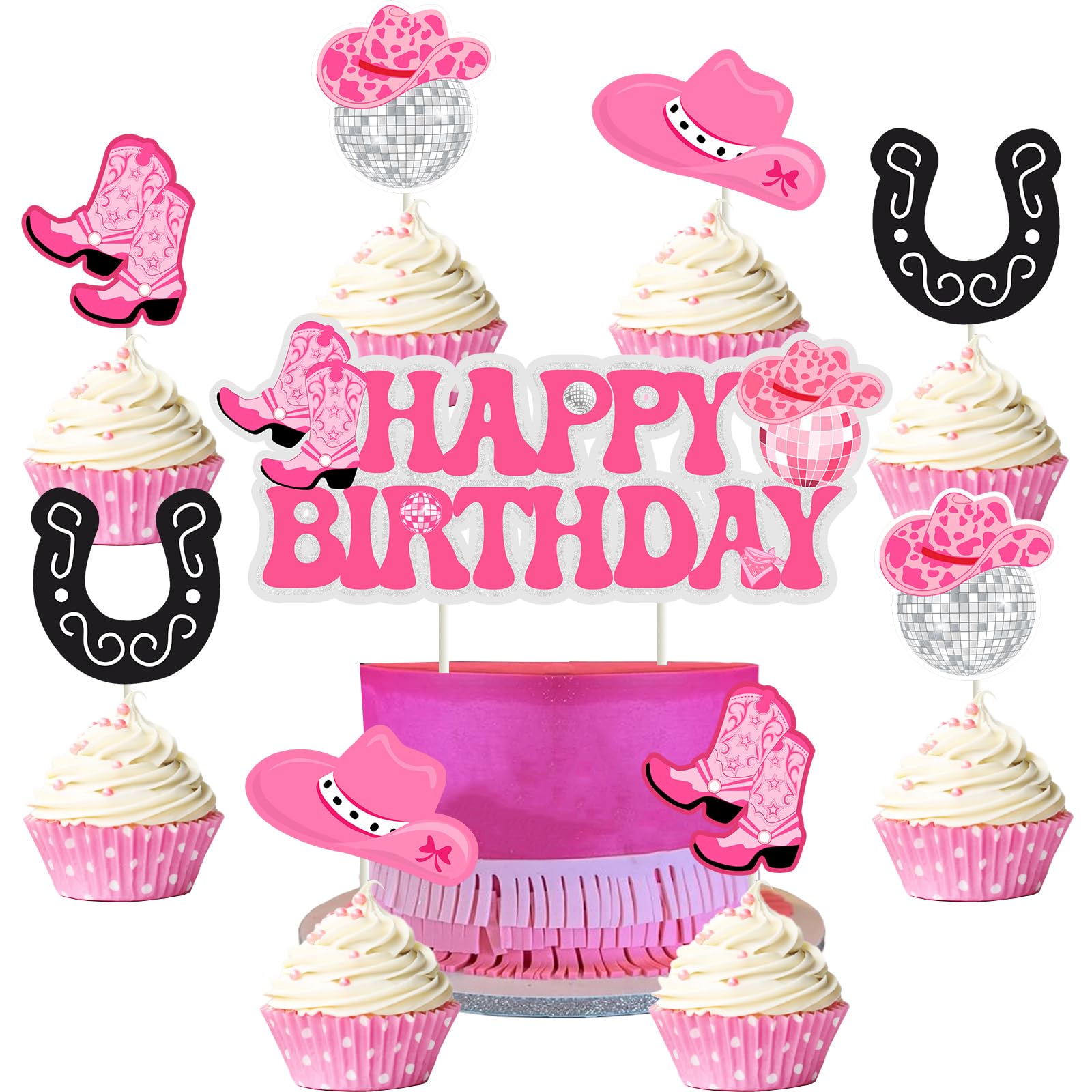 kreat4joy Cowgirl Cake Topper Cupcake Toppers, Western Disco Cowgirl Cowboy Happy Birthday Cake Cupcake Toppers for Hot Pink Girl Rodeo Birthday Party