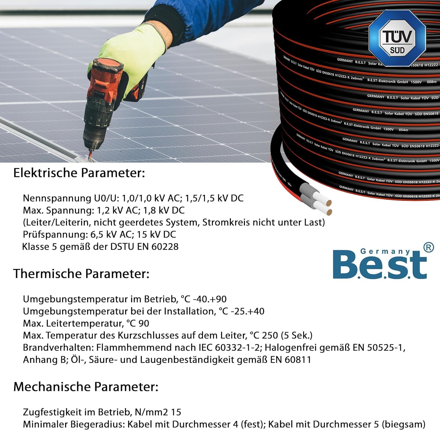 Germany B.e.s.t Solarkabel Duplex 4mm2 PV TÜV Zertifiziertes Kabel Aus Kupfer, Photovoltaik 50m Schwarz Und Rot