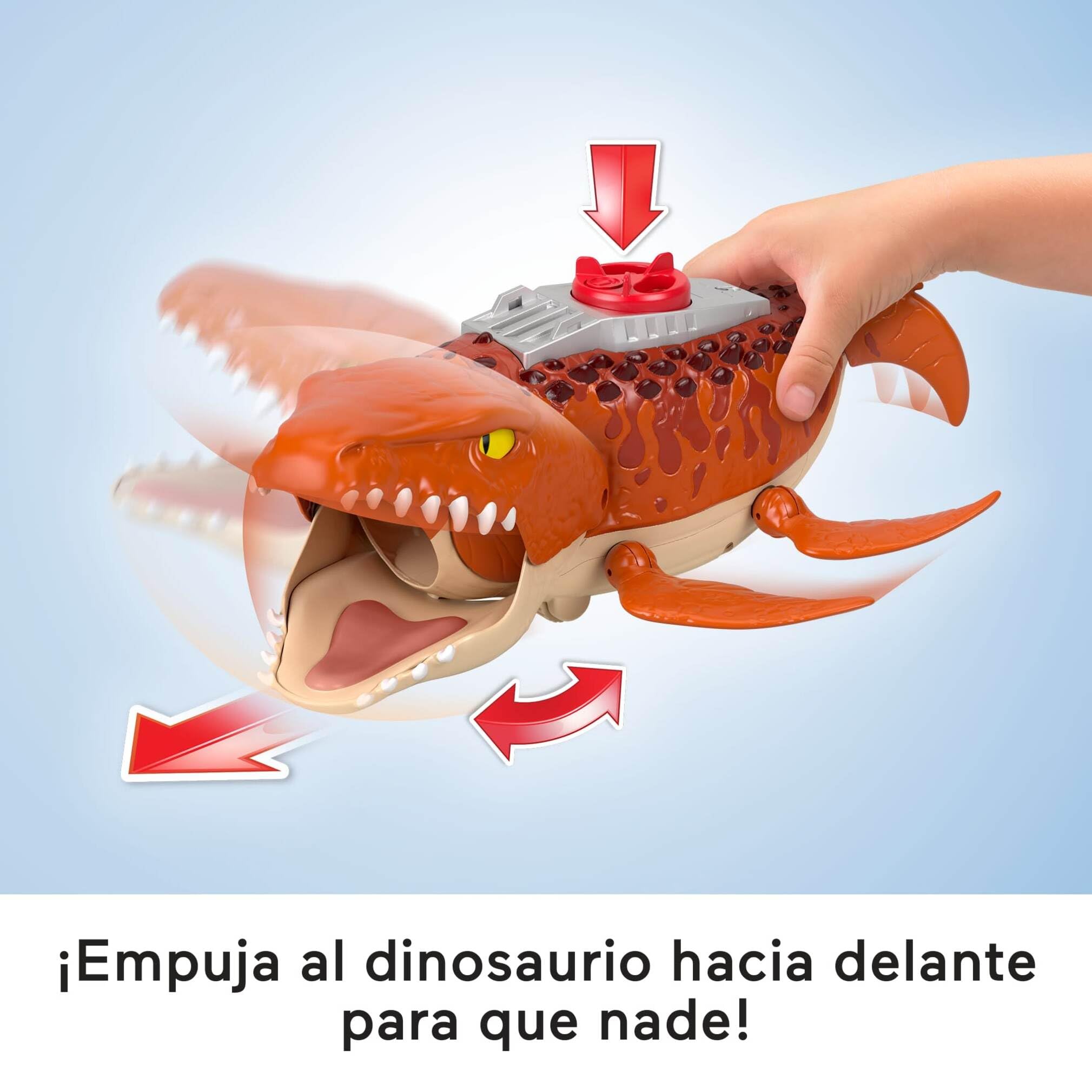 Fisher-Price Imaginext Jurassic World El Renacer, Mosasaurio persecución y mordiscos acuáticos Dinosaurio de juguete de 45 cm con figura de acción de 7,6 cm, lanzador, lancha y 2 proyectiles, JFR23