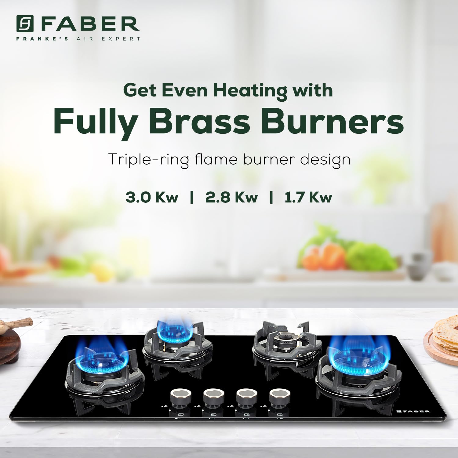 This hob delivers a massive 9.1 kW total output across four heavy-duty brass burners