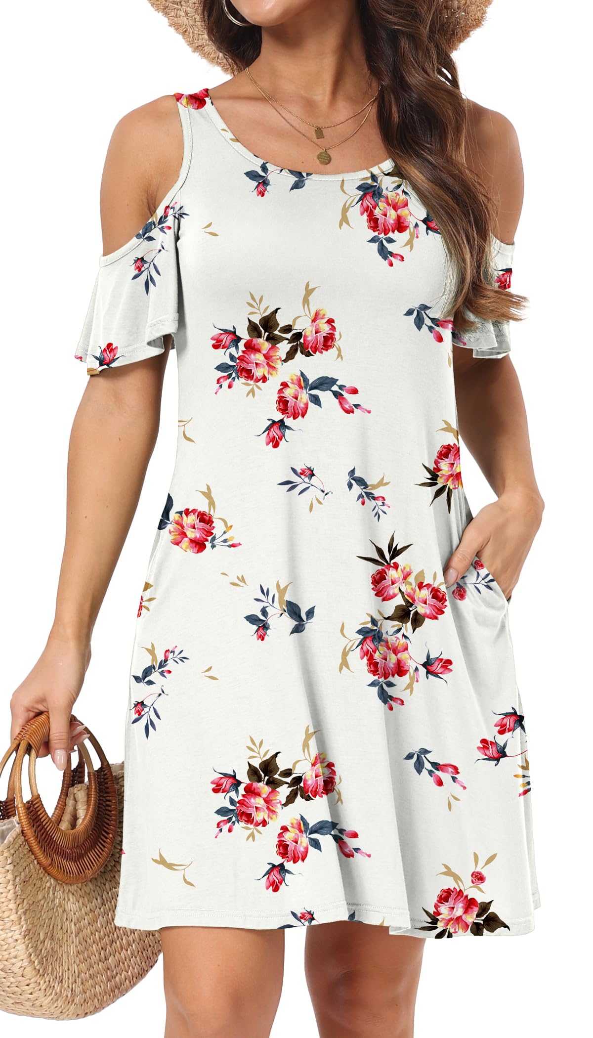 Short/Long Sleeve Women's Cold Shoulder Dress with Pockets Casual Swing T-Shirt Dresses