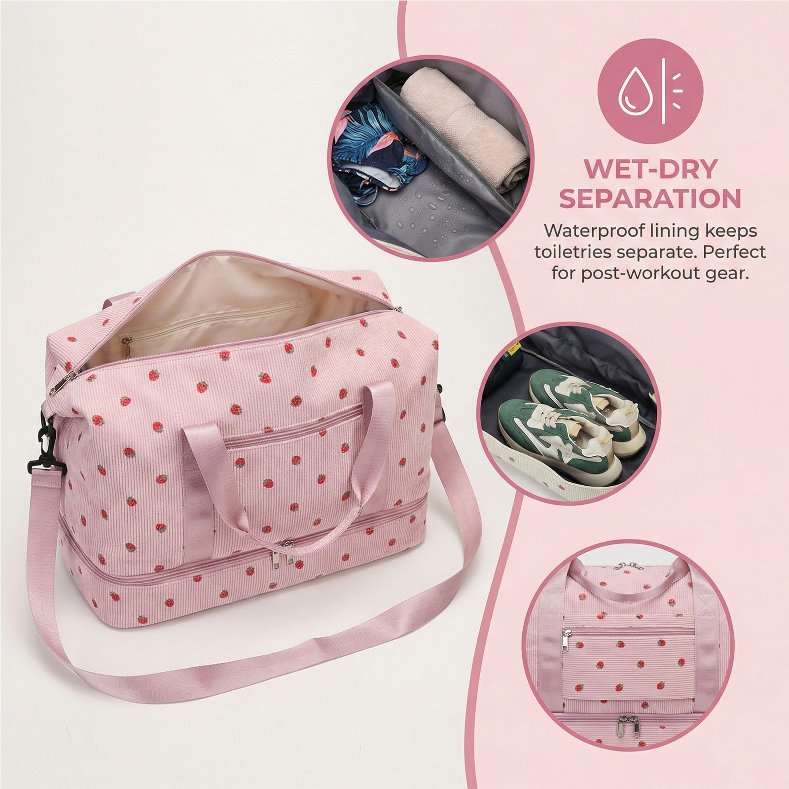 Bolsa de Deporte Mujer, Bolsas de Fin de Semana, Bolsa de Viaje con Compartimento Zapatos y Compartimento Mojado, 20-35L (Rosa) - 4