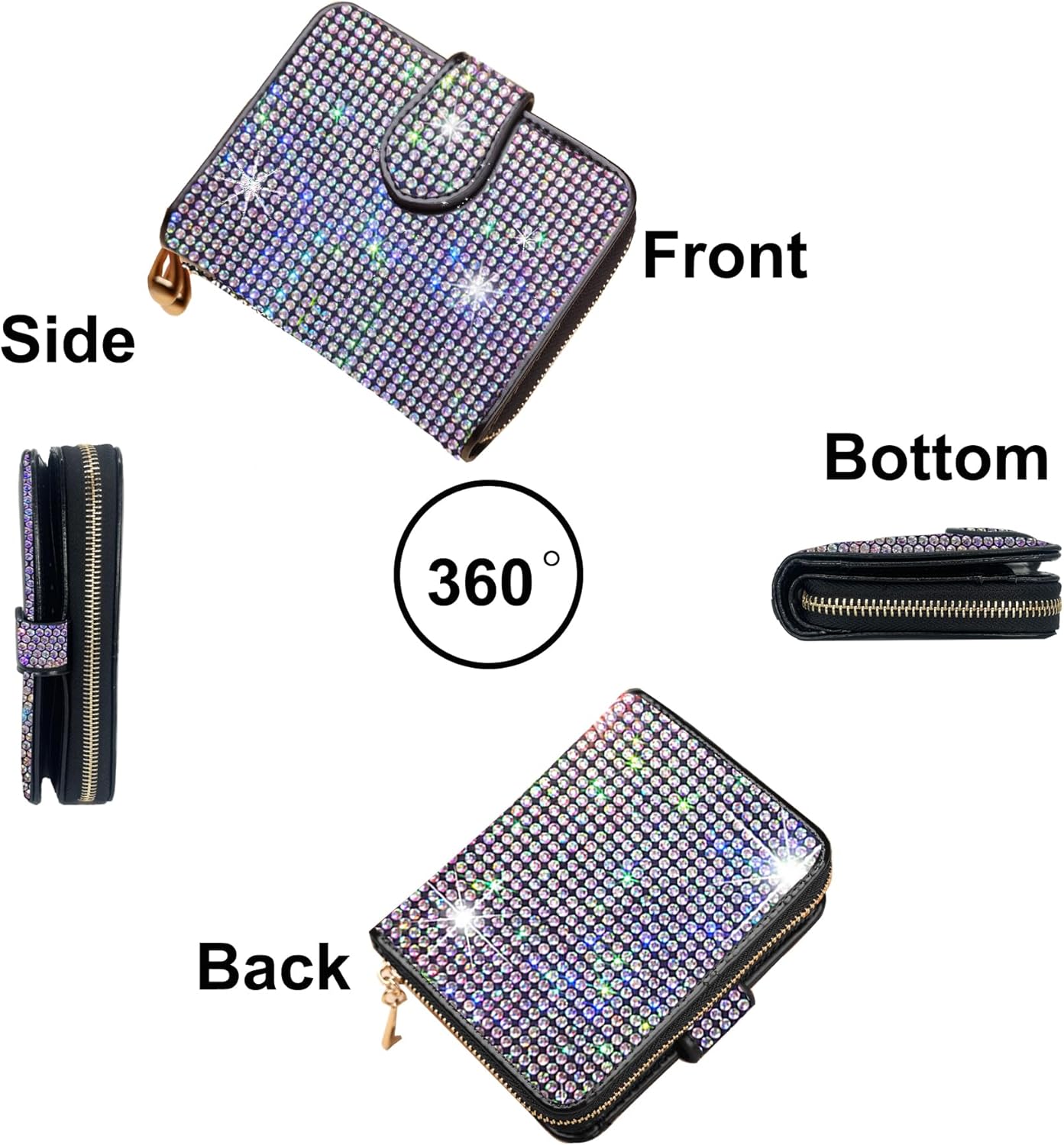 Bling Rhinestone Small Womens Wallet Girls Clutch Artificial Diamond Purse Credit Card ID Coin Holder W/Zipper Colorful - Image 4