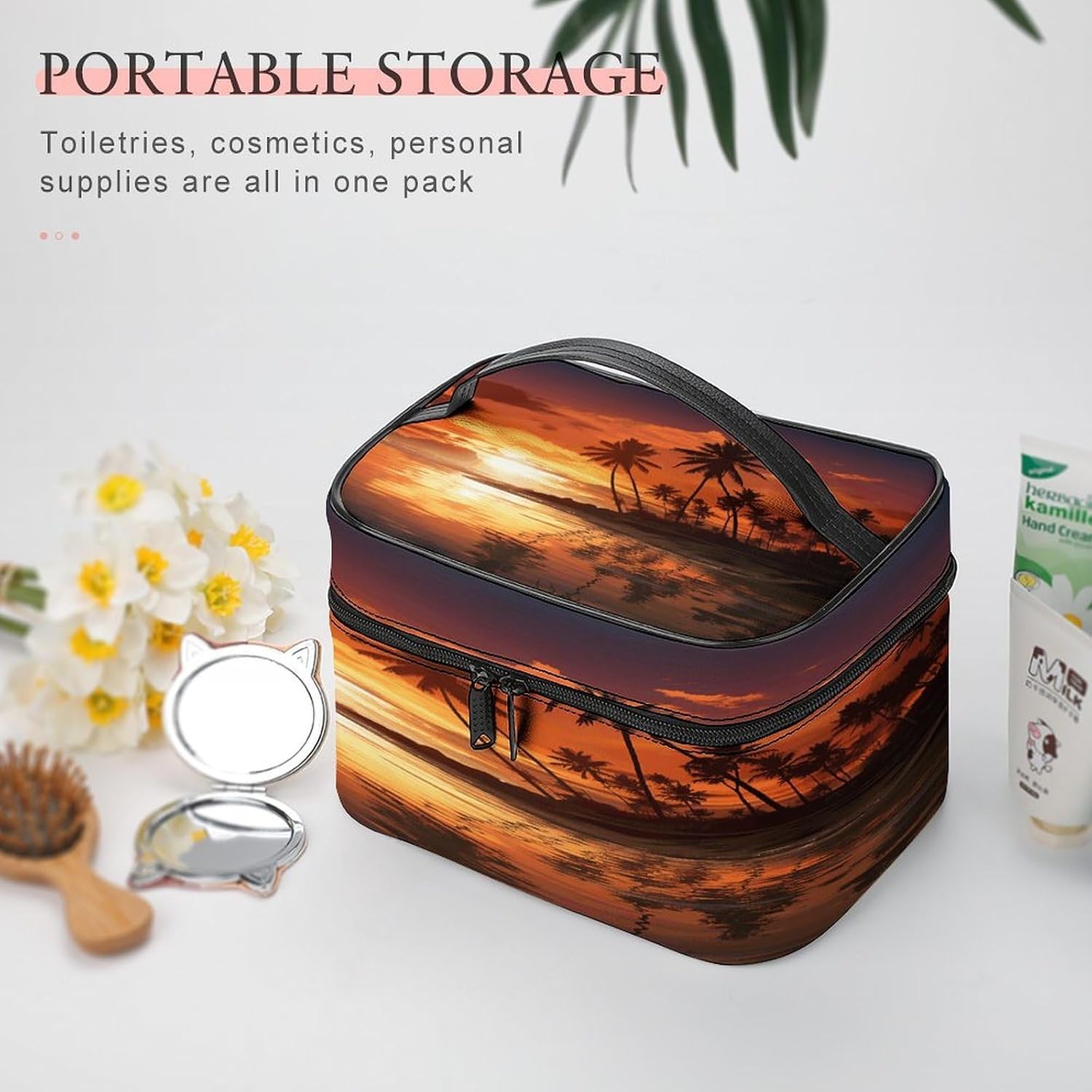 Palm Tree Sunset Makeup Bag Personalized Makeup Pouch Large Capacity Hand-held Toiletry Bags Lightweight Travel Cosmetic Bag Portable Cosmetic Pouch for Women image 5