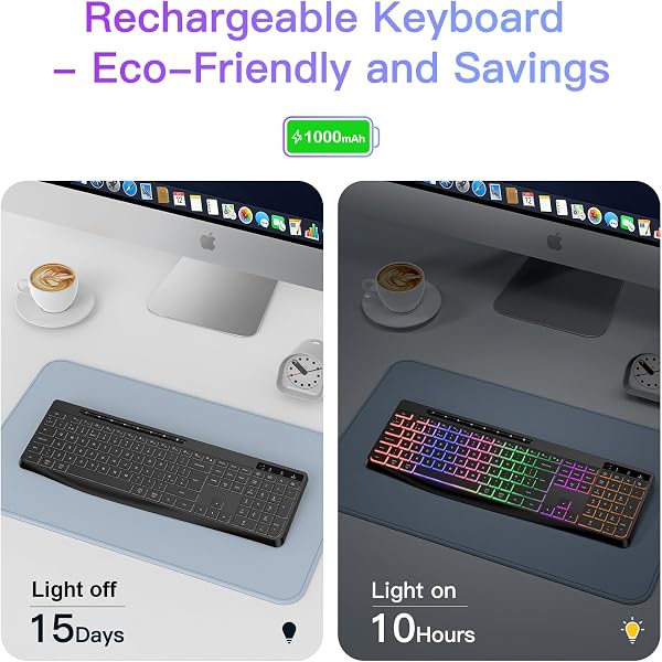 TECURS Wireless Keyboard QWERTY UK Layout, 2.4G Wireless Gaming Keyboard, LED Backlit, Ergonomic, Quiet, Rechargeable, Full Size Keyboard with Multimedia Keys for Computer/PC/Laptop/MAC/Windows - 4