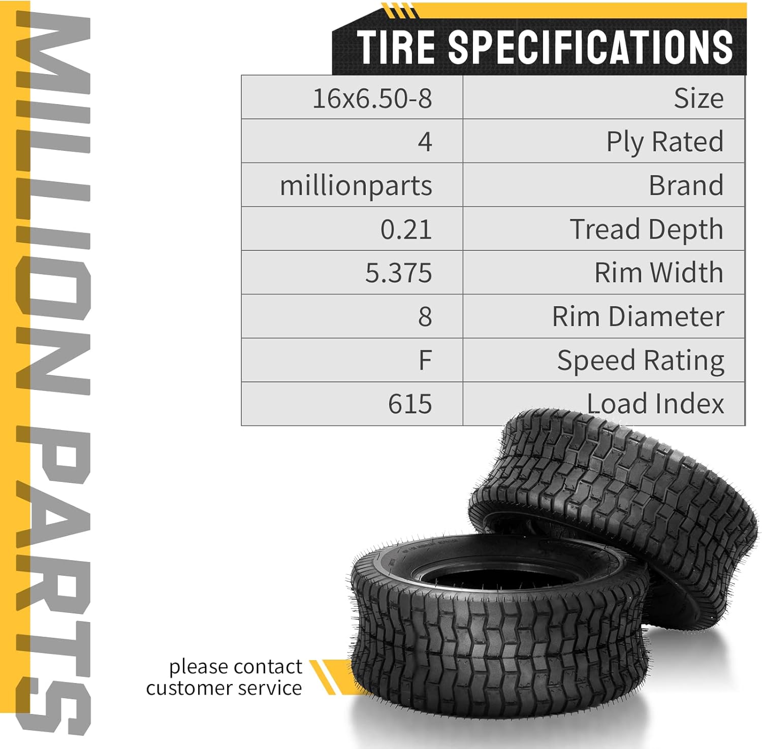 Set of 2 16x6.50-8 Lawn Mower Turf Tires 16x6.5x8 Lawn & Garden Golf Cart Tractor Tires Tubeless 4PR