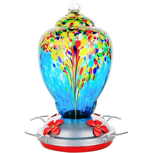 WOSIBO Hummingbird Feeder for Outdoors Patio Large 32 Ounces Colorful Hand Blown Glass Hummingbird Feeder with Ant Moat Hanging Hook, Rope, Brush and Service Card (Blue-White)