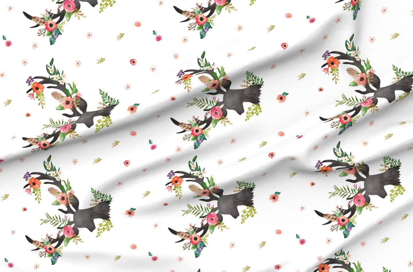 Spoonflower Fabric - Floral Deer Fat Woodland Flowers Watercolor Pink Printed on Minky Fabric by The Yard - Sewing Baby Blankets Quilt Backing Plush