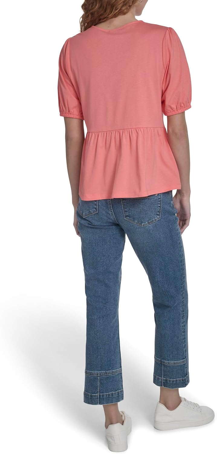 Nautica Women's Short Sleeve Peplum Solid Bow Detail Top