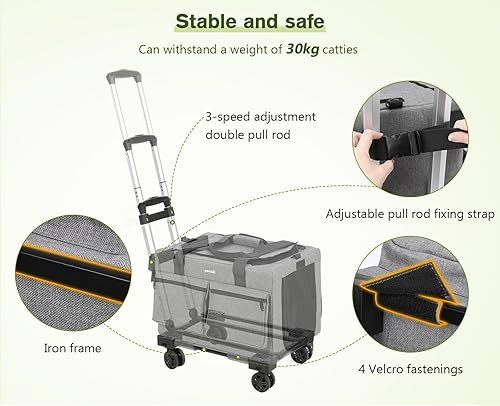 Miniatura 3 de Pecute Transportador de gatos con ruedas, marco de alambre de acero, bolsa estable para mascotas, bolsa de transporte para mascotas y cochecito,