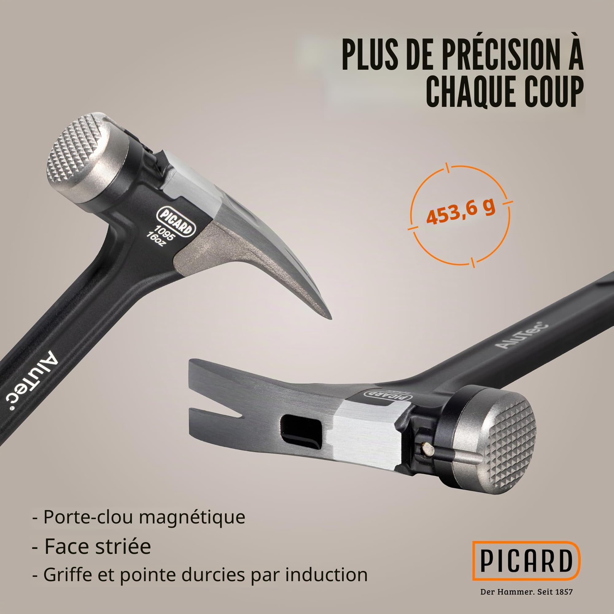 PICARD marteau de charpentier strié AluTec®, no. 1095 | Marteau arrache-clou professionnel | Léger & puissant | Ergonomique & anti-vibrations | Hammer hybride aluminium & acier forgé