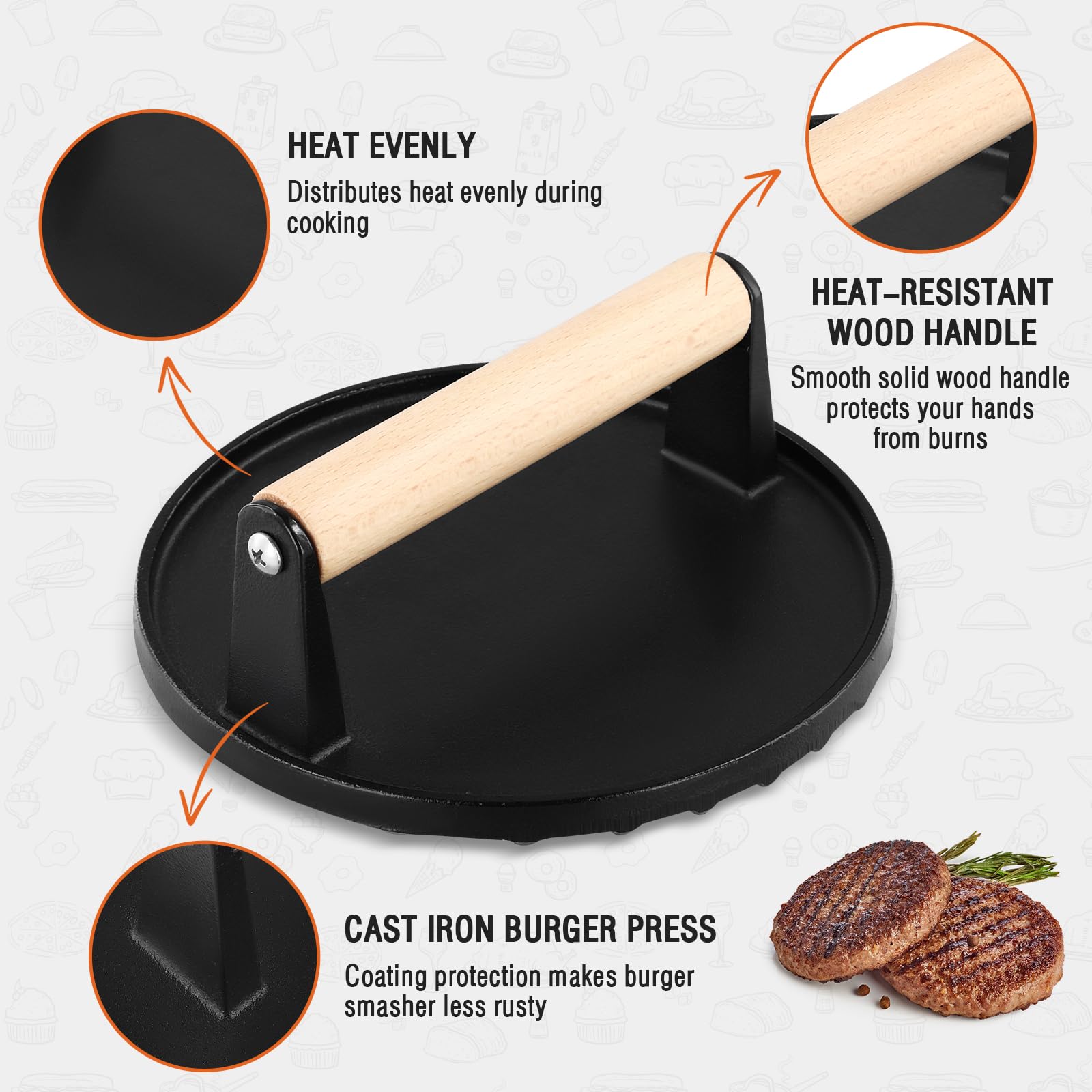 Set Pressa Per Hamburger In Ghisa - 2 Forme (Rotonda E Rettangolare) Con Manico In Legno - Foto 4