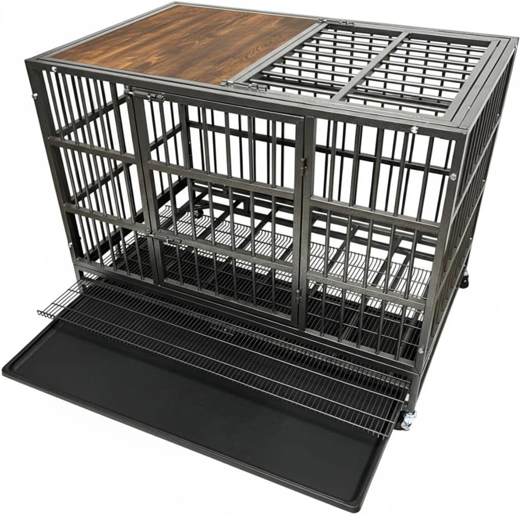 BOLDBONE 38" Furniture Dog Crate for Large Dogs, Heavy Duty Dog Kennel Indoor with Removable Crate Trays, Wheels and Stylish Wooden Top, Extra Large XL XXL Dog Cage, Woodtoop