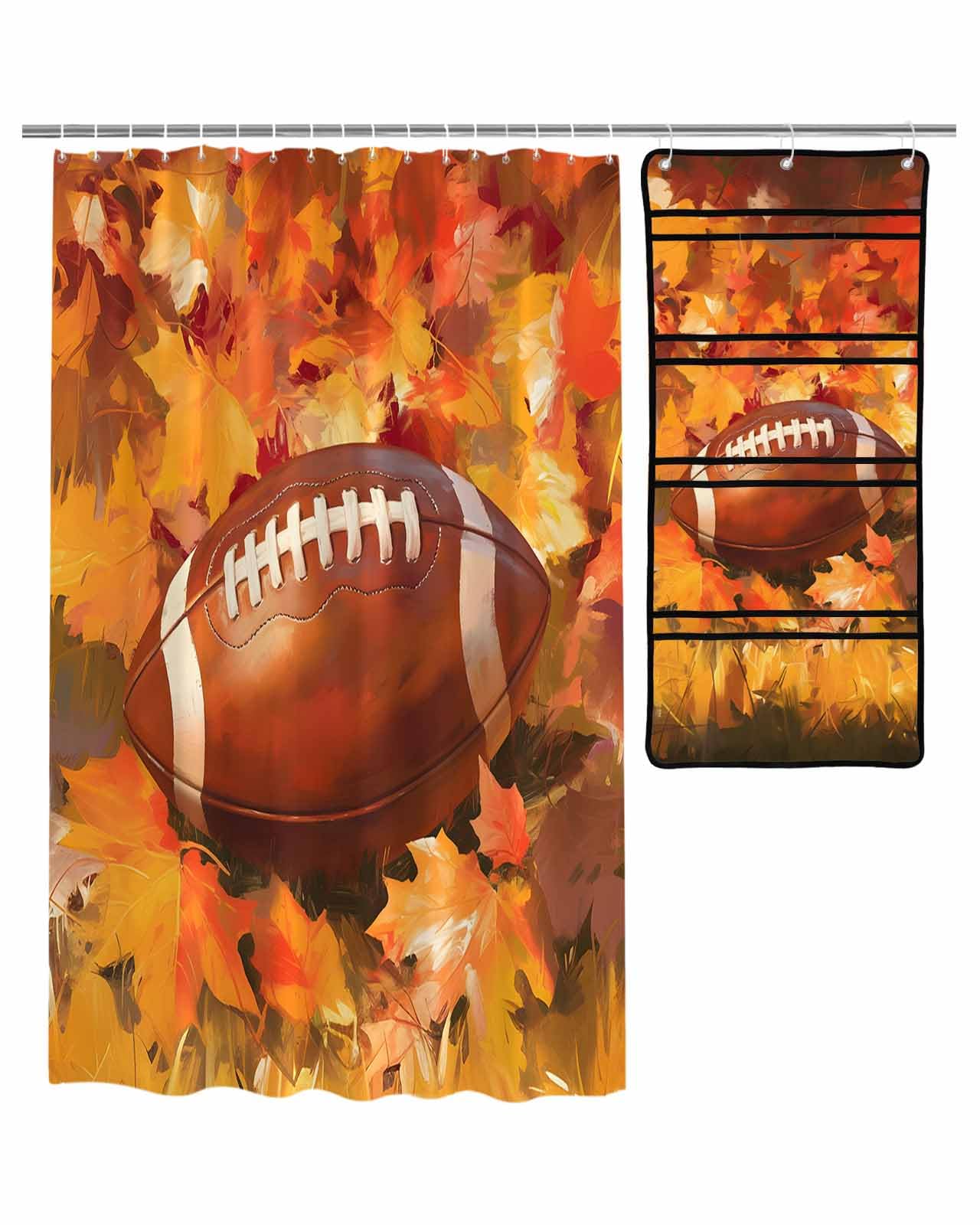 ZFUNCING Shower Curtain Mesh Shower Organizer Set Vintage Fall Rugby on Maple Leaf Waterproof Bath Curtains Hanging Shower