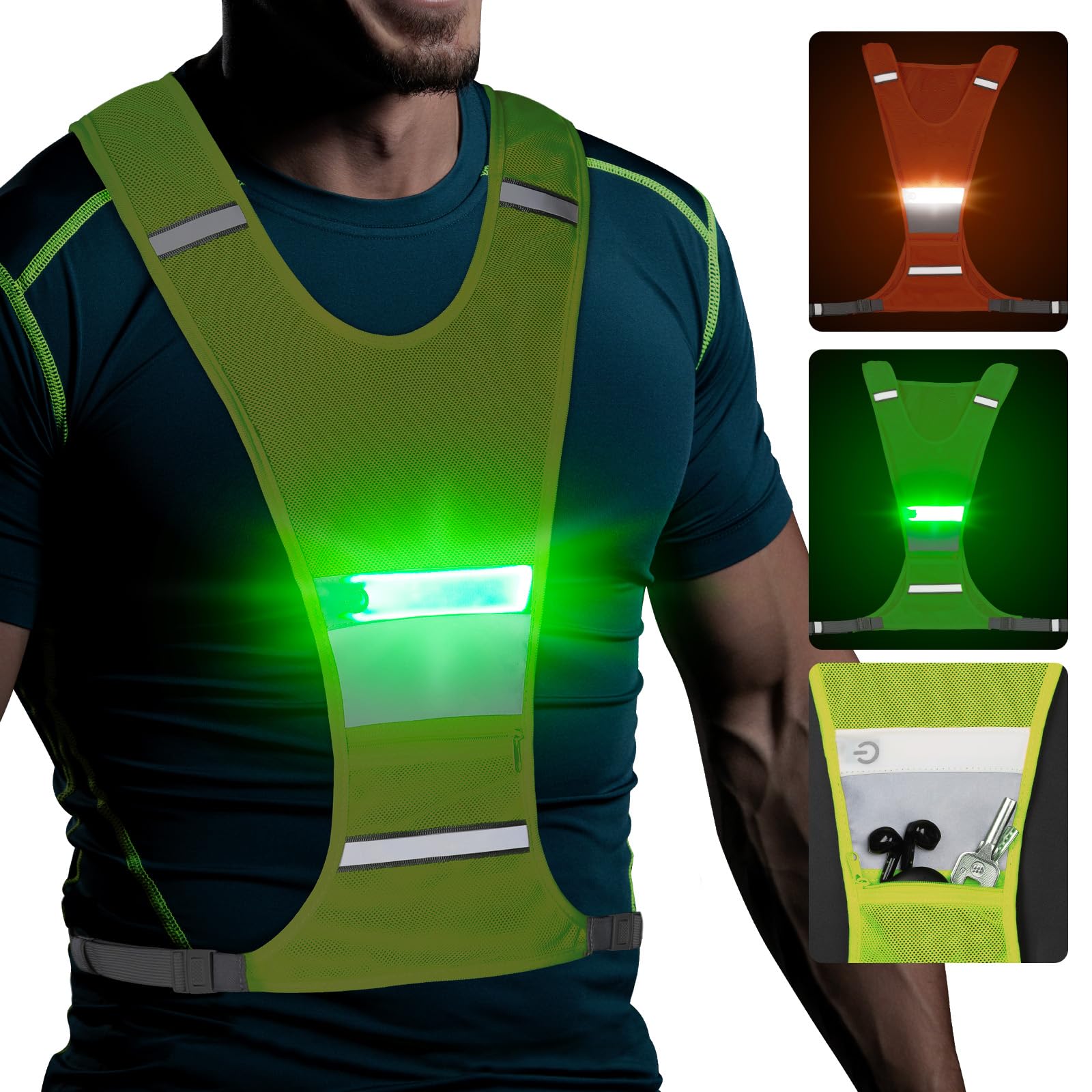 YFbrite New Designed Reflective LED Running Vest with Pocket to Fill Keys, Phone, USB Rechargeable Reflective Running Gear for Men, Women for Night Running (Front & Back Both with LEDs, Green)