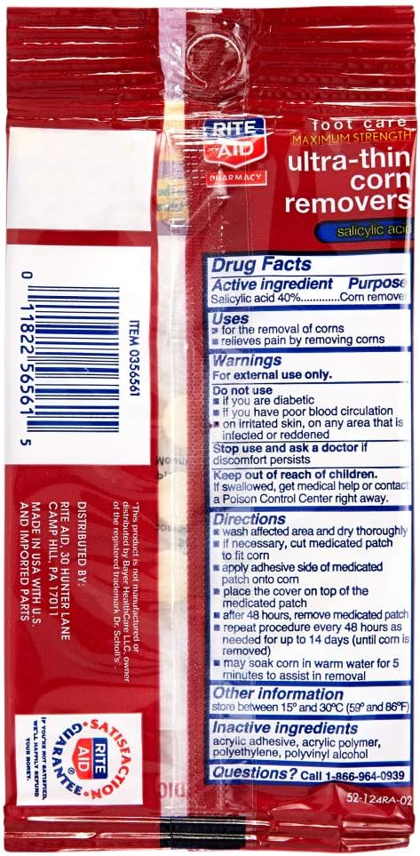 Rite Aid Foot Care Maximum Strength Ultra-Thin Corn Removers - 18 Pads/ 18 Medicated Patches with Salicylic Acid 40% | Corn Remover for Toes and Feet | Corn Pads | Heel Callus Remover | Forefoot Pads : Health & Household