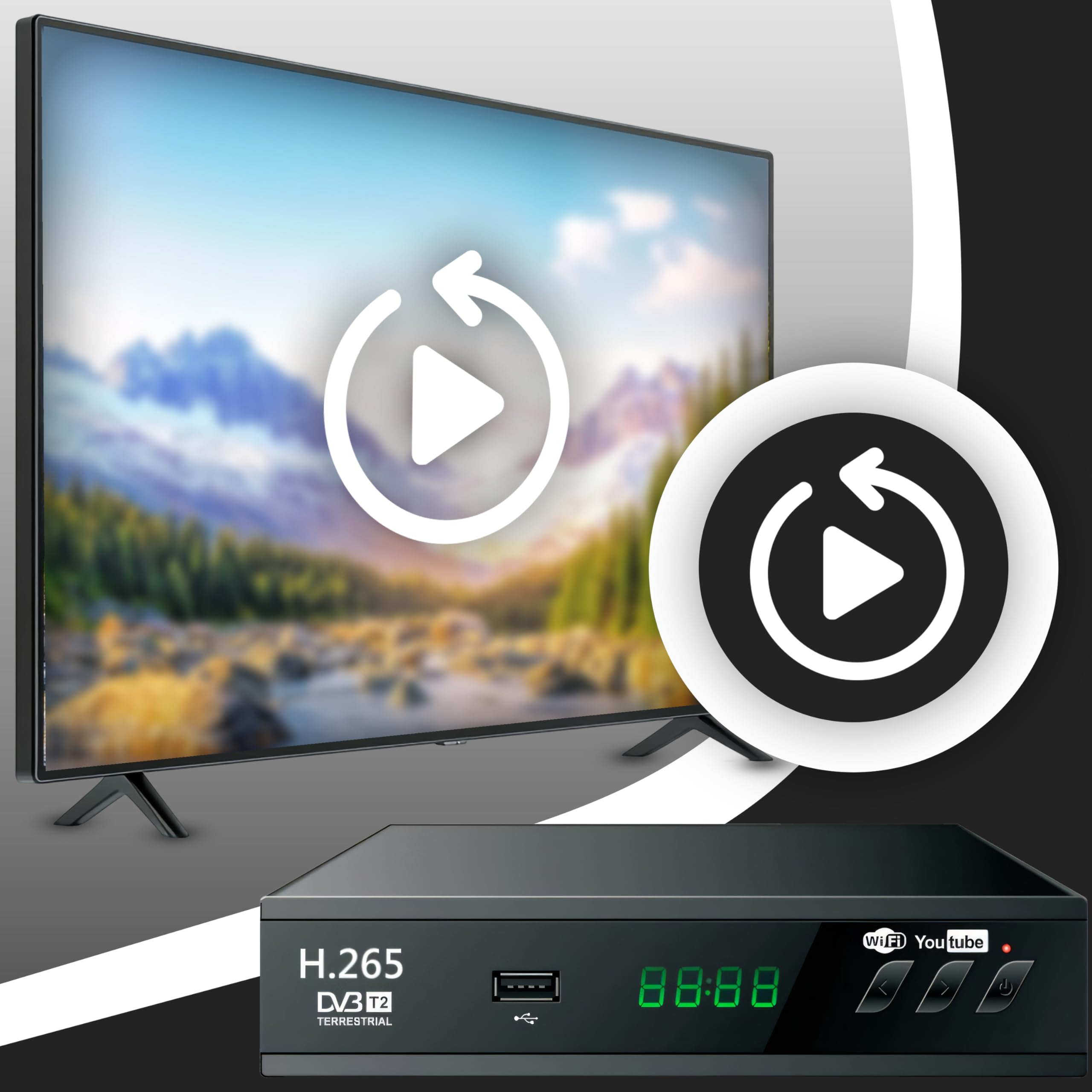 Retoo Odbiornik DVB-T2 HD z H.265 HEVC, odbiornik cyfrowy z HDMI, SCART, funkcją nagrywania PVR, Timeshift i USB, tuner TV Full HD do telewizji kablowej, z pilotem sterującym i kablem